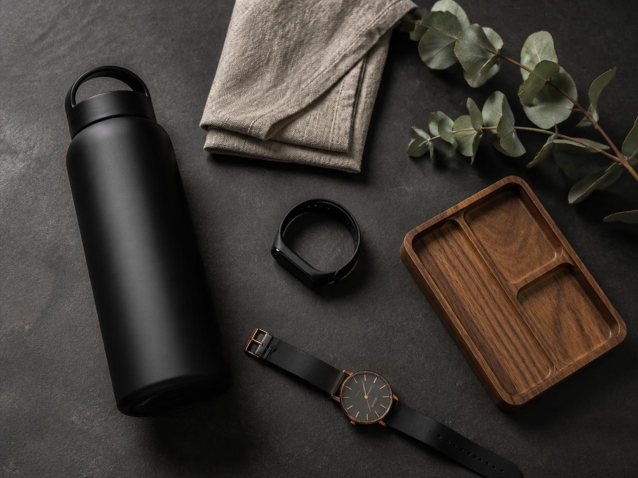 A flat-lay of everyday products from the PulseMarkt collection: water bottle, linen textiles, fitness band, wooden tray and a minimalist watch